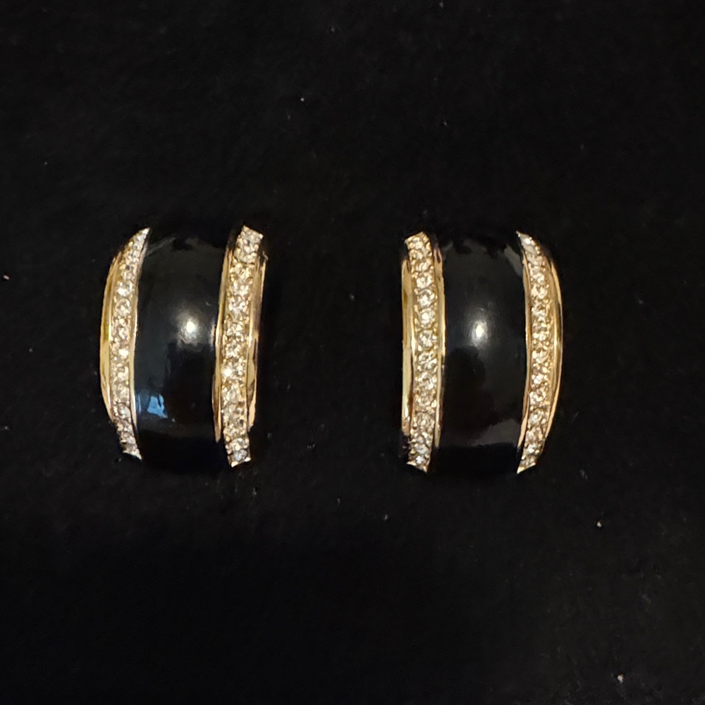 Christian Dior Black Enamel Dome Crystals Hoop  Earrings